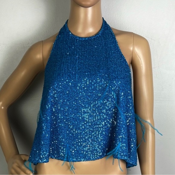 NEW RONNY KOBO BLUE SEQUIN EMBELLISHED HALTER TOP - Picture 2 of 8